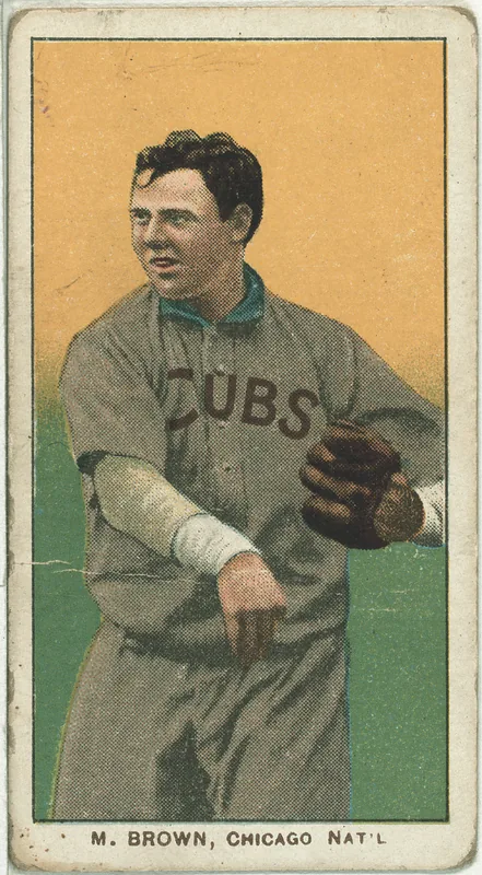 Front of Mordecai Brown card, 1909 T206 White Borders, catalog no. 580