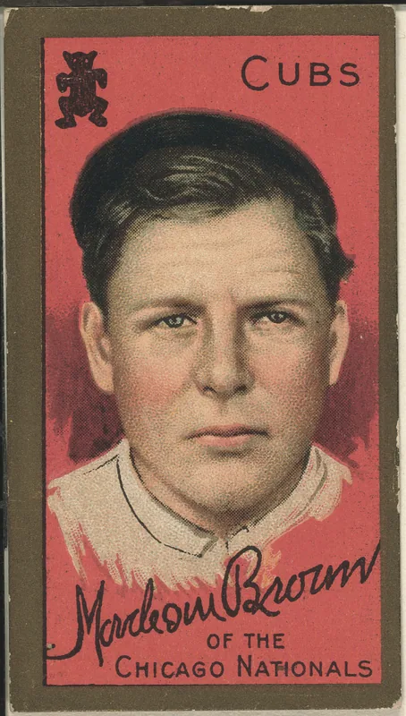 Front of Mordecai Brown card, 1911 T205 Gold Borders, catalog no. 185