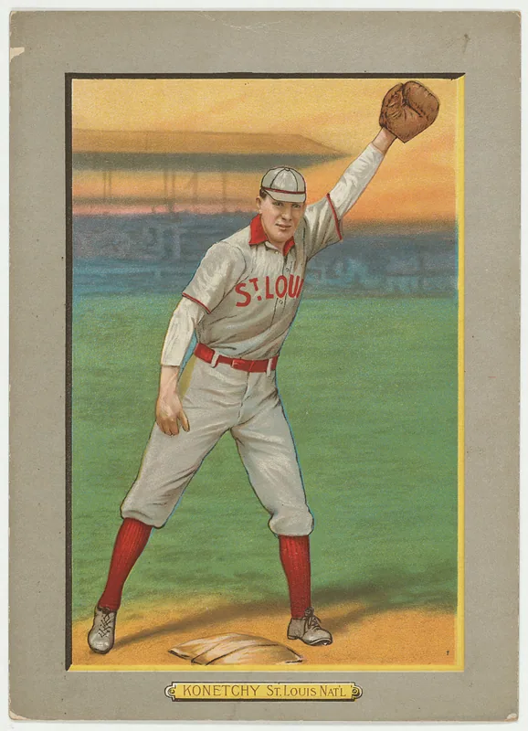 Front of Ed Konetchy card, 1911 T3 Turkey Red, cabinets, #103