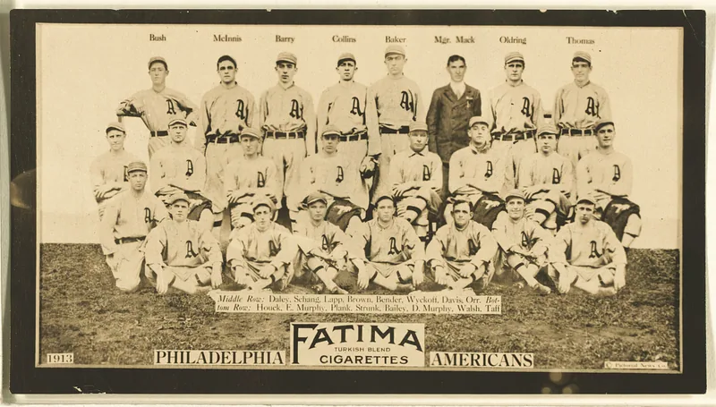Front of Philadelphia Athletics card, 1913 T200 Fatima Team, catalog no. 11